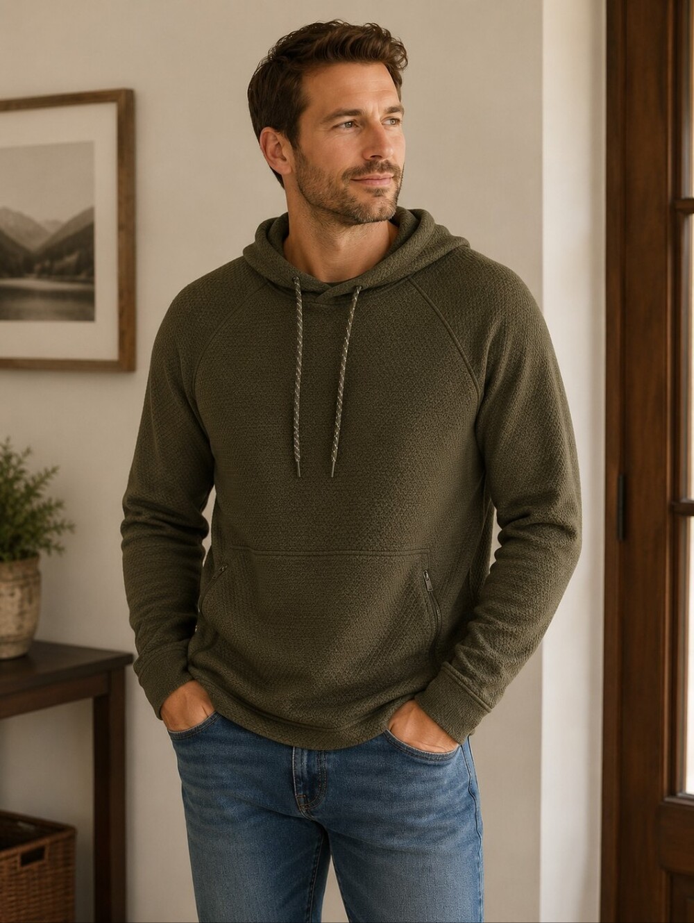 Men's Olive Green Hooded Pullover Sweater